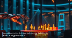 A robotic hand replaces human seat icons with glowing crypto tokens on a digital balance scale in a dark office.
