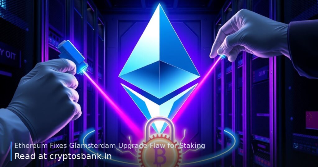 Ethereum crystal being patched by digital hands next to a cracked padlock.
