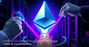 Ethereum crystal being patched by digital hands next to a cracked padlock.