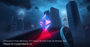 Ethereum crystal sliding down a dark staircase toward a stormy city skyline