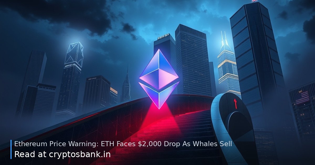 Ethereum crystal sliding down a dark staircase toward a stormy city skyline