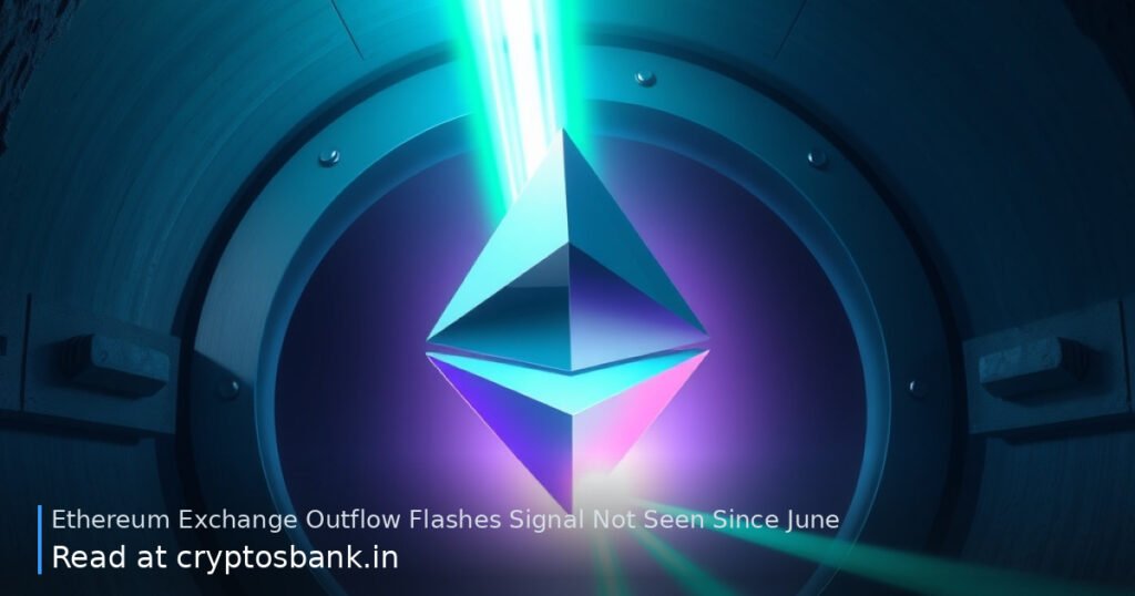 An Ethereum crystal floating out of a dark exchange vault with green light trails.