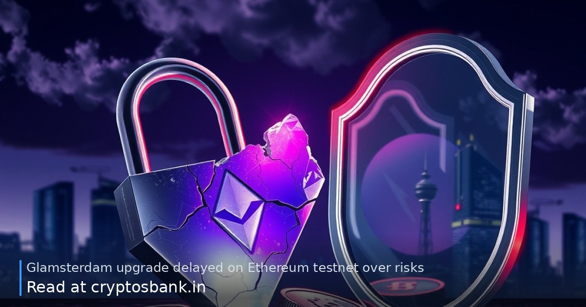 An Ethereum crystal beside a cracked padlock and shattered glass under red warning lights.