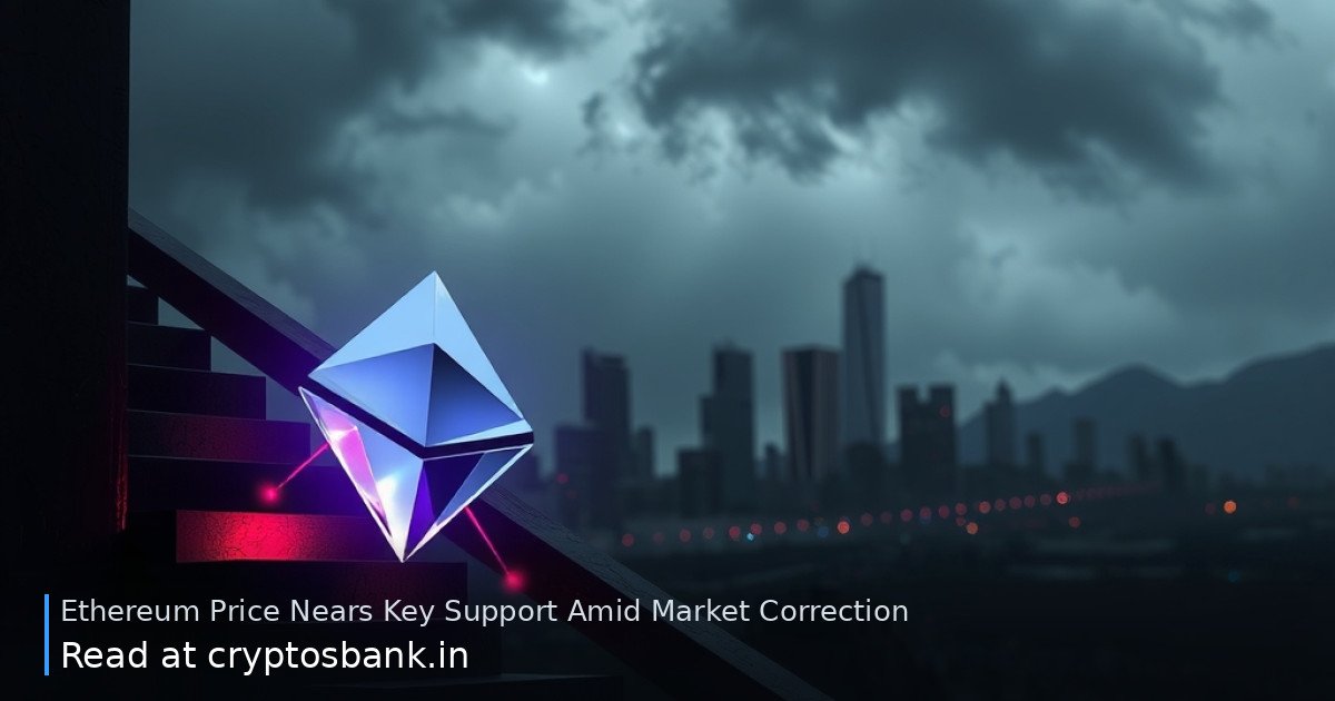 Ethereum crystal sliding down a dark staircase against a moody city skyline