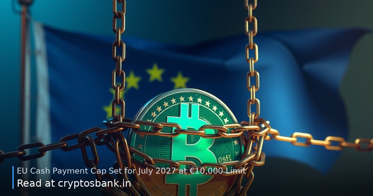 An EU flag and a currency coin bound by heavy chains behind a barrier, symbolizing a cash cap.