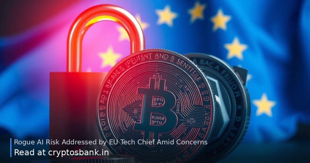 Crypto coin next to a cracked padlock and EU flag representing rogue AI risks.