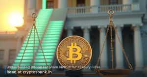 Bitcoin coin on justice scales with glowing upward staircase behind