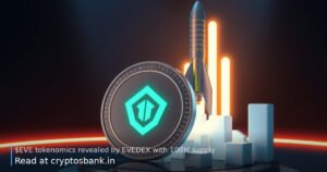Illustration of a dark silver coin with an abstract emblem next to a launching rocket and ascending blocks.