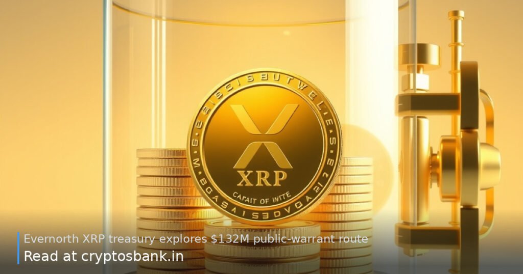A gold XRP coin stack inside a glass bank vault representing treasury funding.