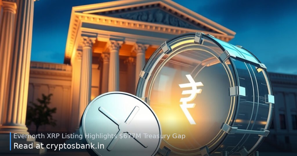 Evernorth Nasdaq listing illustration showing an XRP coin and a glowing fractured treasury vault.