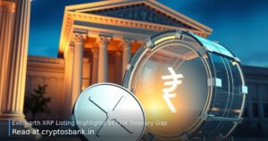 Evernorth Nasdaq listing illustration showing an XRP coin and a glowing fractured treasury vault.