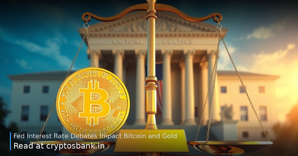 Bitcoin coin and gold bar balanced on scales in front of a US government building.