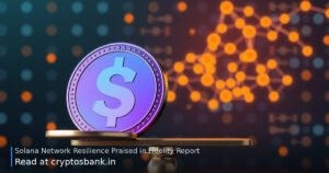 A Solana coin on a balance scale with glowing network nodes, illustrating resilience and risks.