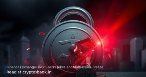 A dark silver coin next to a cracked padlock and shattered glass under red warning lights.