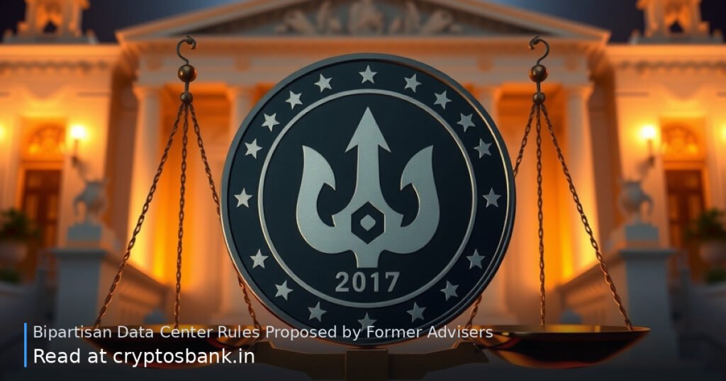 A coin representing AI data centers balanced on the scales of justice before a government building with the US flag.
