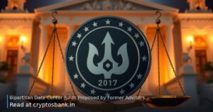 A coin representing AI data centers balanced on the scales of justice before a government building with the US flag.