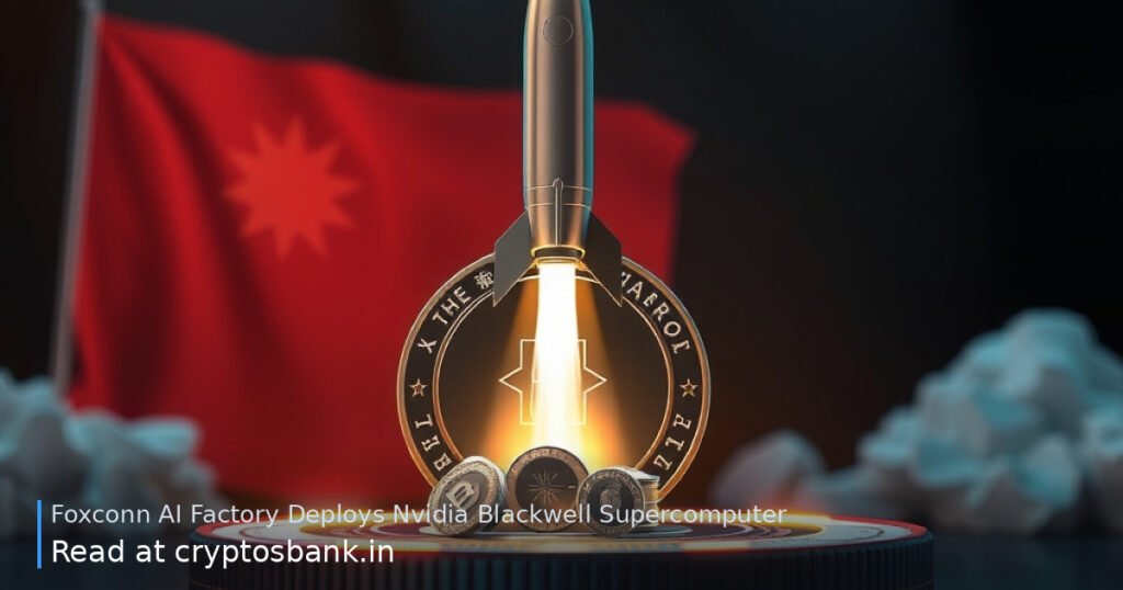 An illustration of a tech coin on a launch pad with a rocket taking off and a flag in the background.