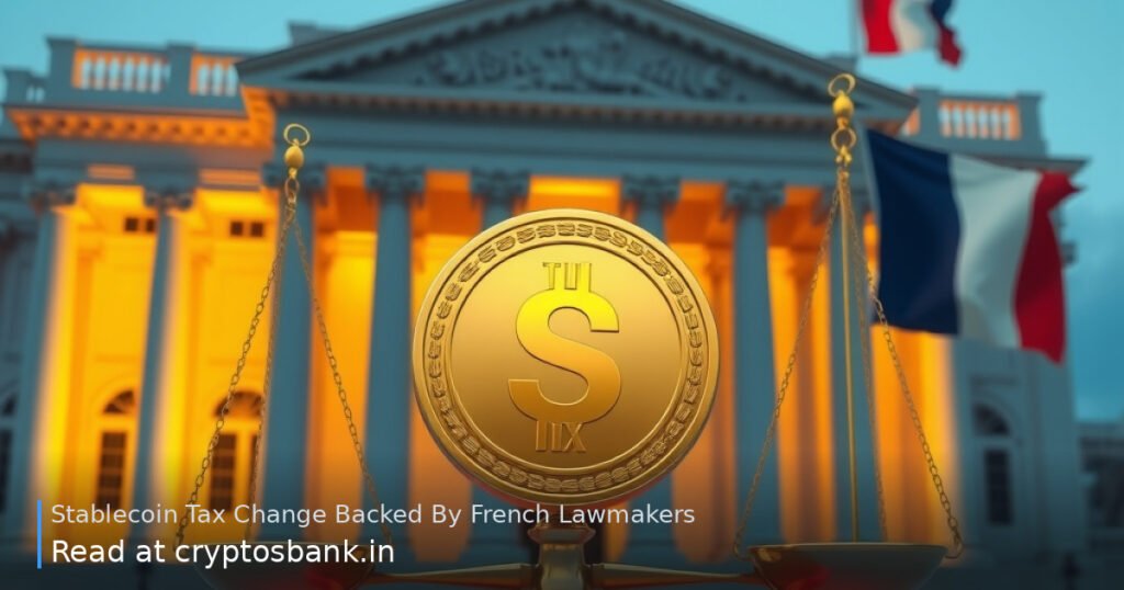 French lawmakers approve stablecoin tax change, shown with coins, scales of justice, and the French flag.