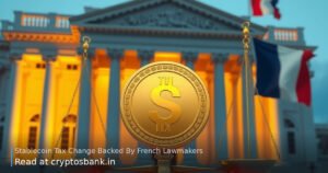 French lawmakers approve stablecoin tax change, shown with coins, scales of justice, and the French flag.