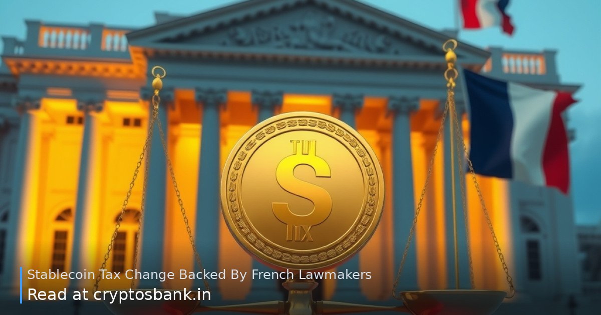 French lawmakers approve stablecoin tax change, shown with coins, scales of justice, and the French flag.