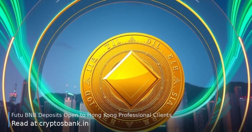A golden BNB coin with flowing light trails in front of the illuminated Hong Kong skyline at dusk.