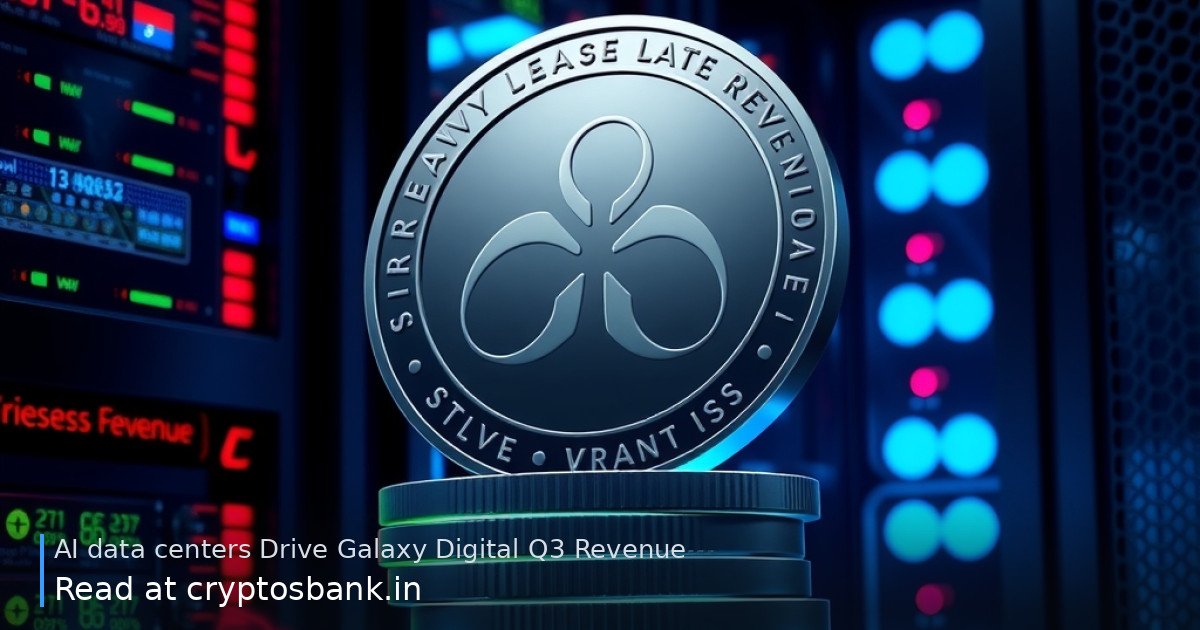 Crypto company coin on glowing server racks with revenue and loss metaphors.