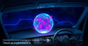 A glowing blue and purple AI hologram projecting navigation data onto a modern car's sleek dashboard.