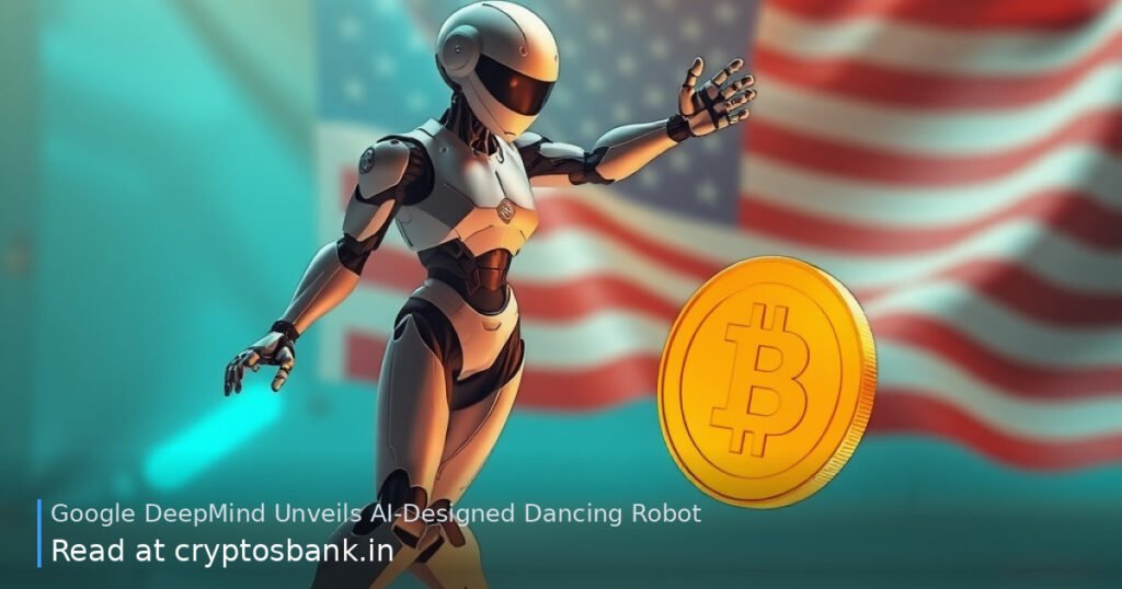 AI-built humanoid robot dancing next to a crypto coin with the US flag in the background