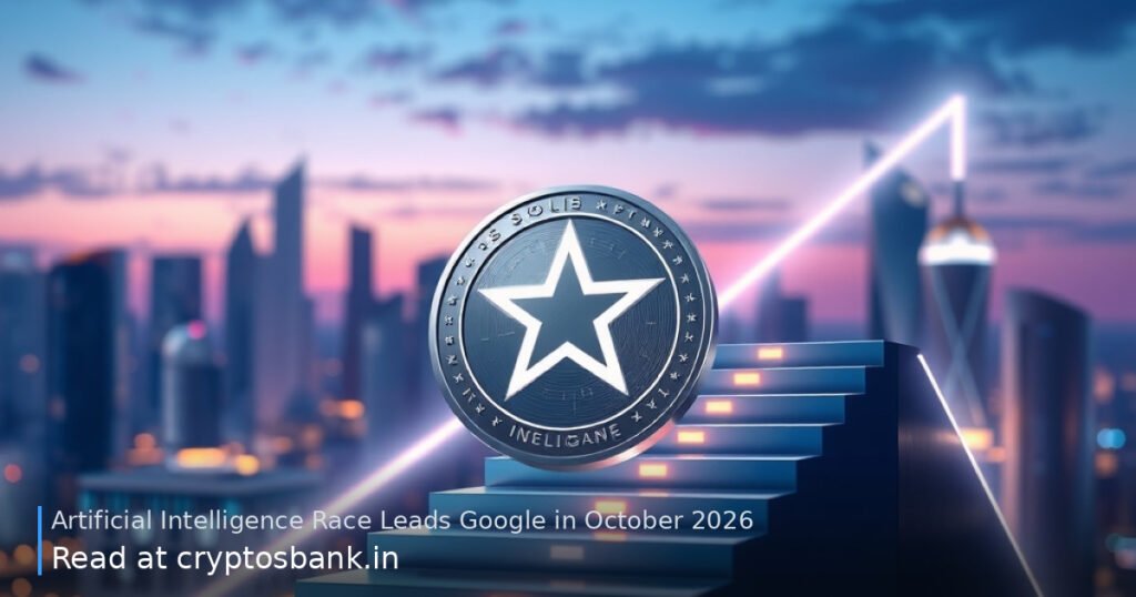 A sleek silver coin with a star emblem climbs glowing stairs against a futuristic skyline.