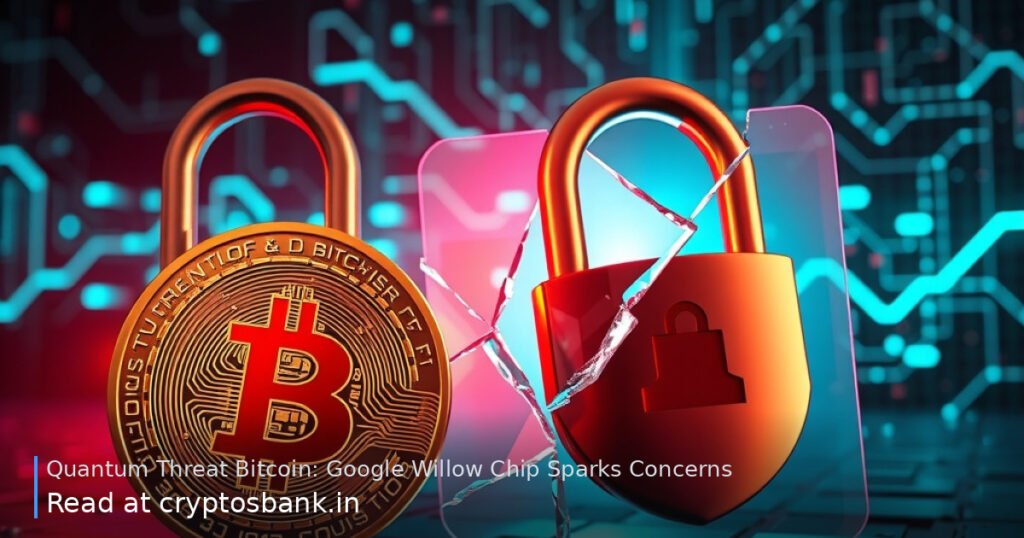 A gold Bitcoin beside a cracked padlock and glowing quantum processor representing security threats.