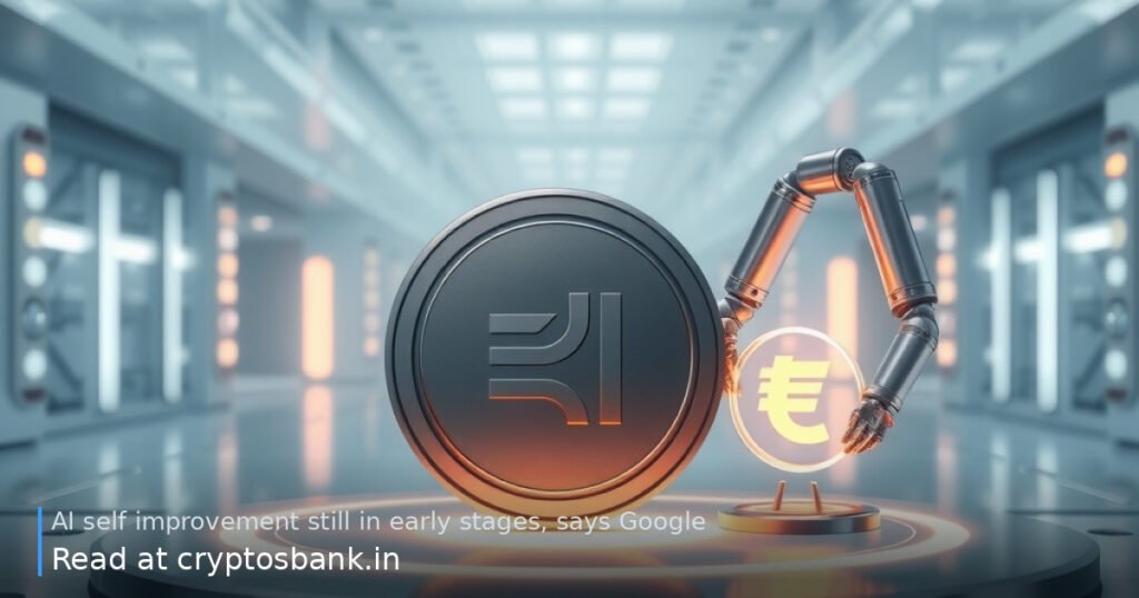 A futuristic illustration showing a tech coin and a robotic arm building a smaller replica of itself.