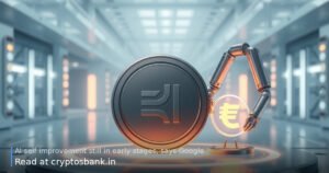 A futuristic illustration showing a tech coin and a robotic arm building a smaller replica of itself.