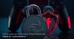 CyberLeek token coin next to a cracked padlock and glowing gaming controller under red warning light