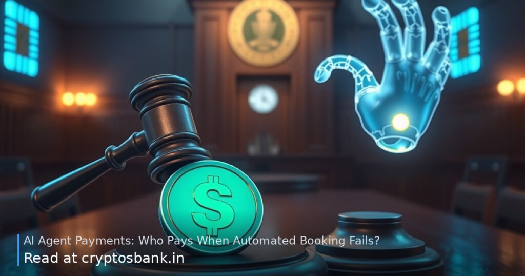 A digital illustration of a coin under a judge's gavel with a glowing robotic hand nearby.