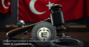 Crypto coin under a gavel with handcuffs and the Turkish flag in the background
