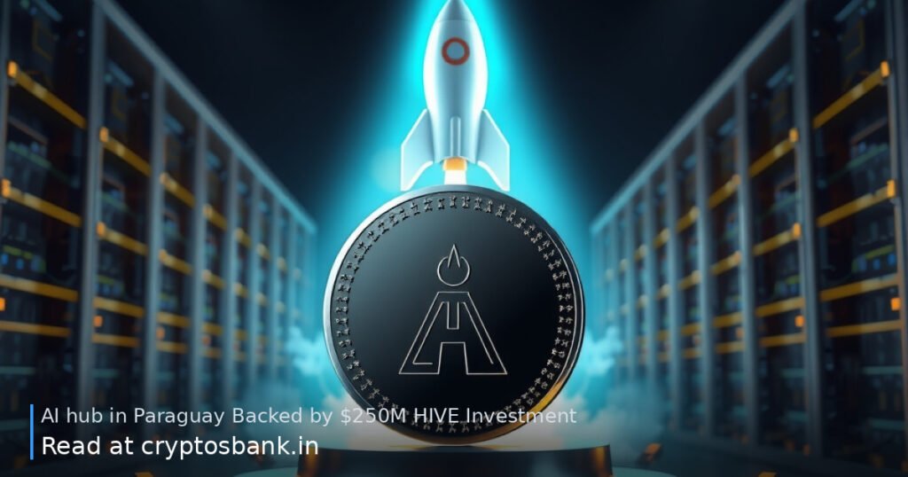 An abstract crypto coin and a launching rocket before the Paraguay flag, illustrating a new AI hub.