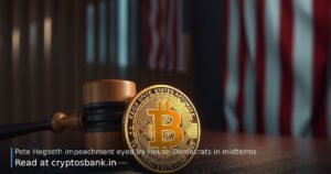 A judge's gavel and a Bitcoin coin against a soft US flag background.