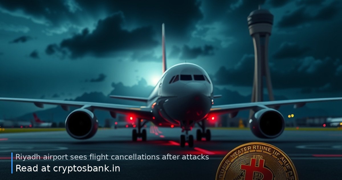 Bitcoin and Ethereum coins on a dark airport tarmac in front of a grounded airplane under a stormy Saudi Arabian sky.