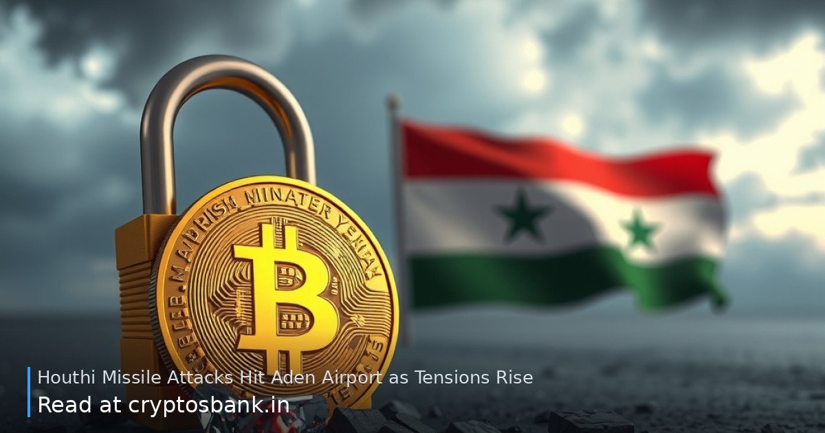 A gold Bitcoin coin near a cracked padlock and shattered glass with the Yemeni flag in the background.