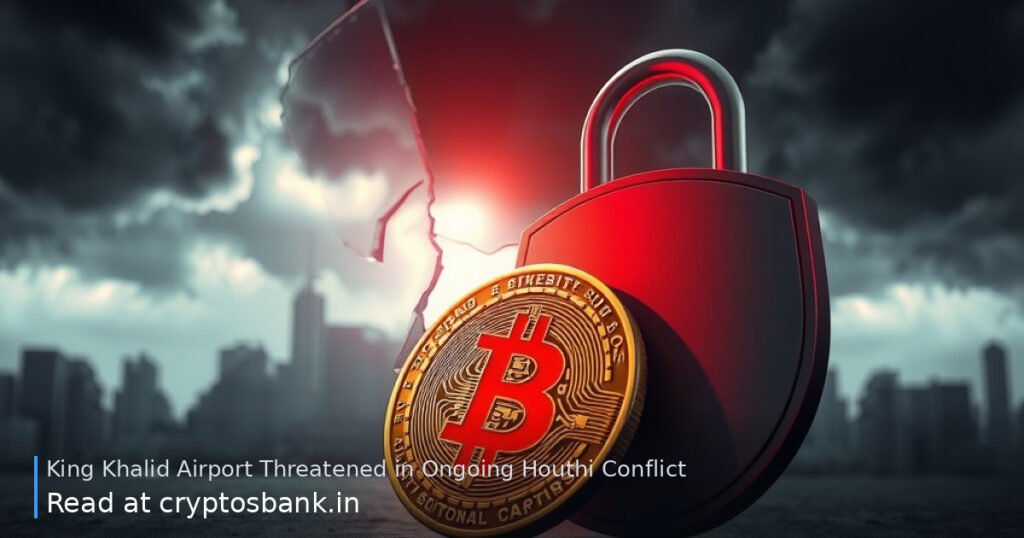 Bitcoin coin next to a cracked padlock and shattered shield against a stormy city skyline.