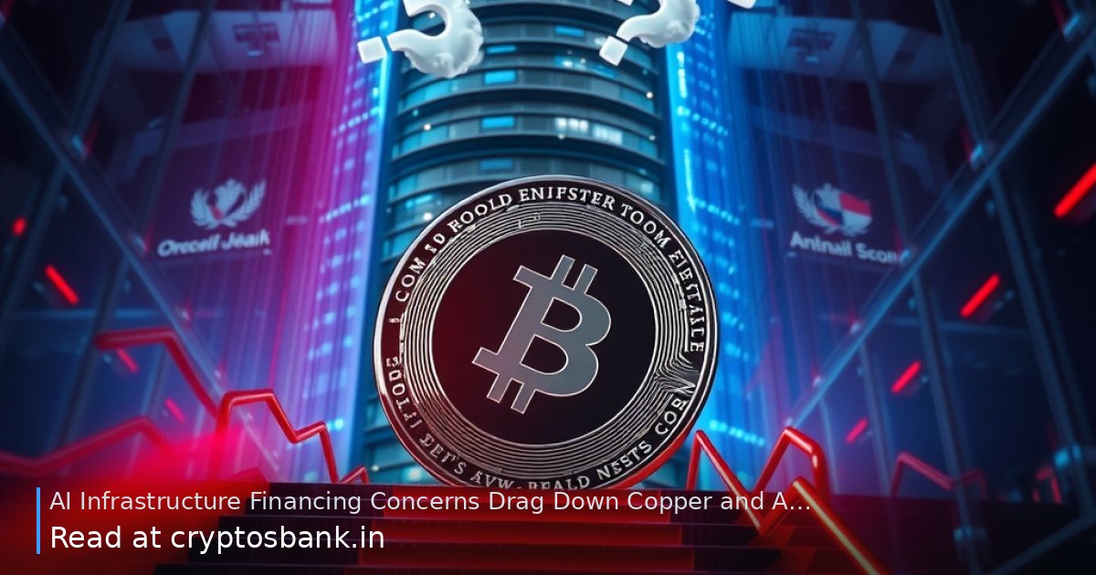 Crypto coin falling down red stairs beside a looming data‑center, showing metal price drop and financing worries.
