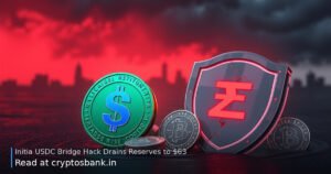Crypto bridge hack drains USDC reserves, leaving coins near a cracked padlock.