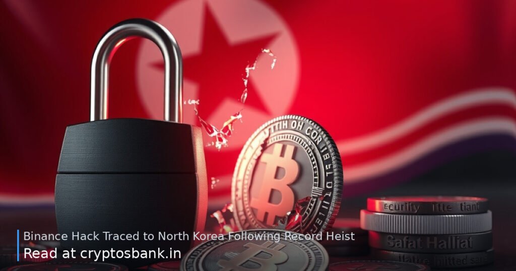 An illustration of a crypto coin beside a cracked padlock under a red warning light with the North Korean flag.