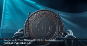 A dark silver crypto coin bound in heavy chains with the Iranian flag in the background.