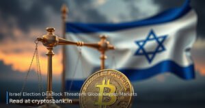 Bitcoin coin and tilted scales of justice against the Israeli flag background.