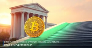 A gold Bitcoin climbs a glowing green staircase toward a classical building.