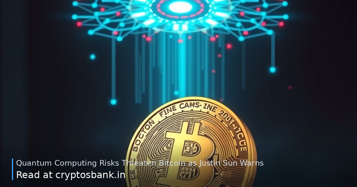 A gold Bitcoin coin under glowing quantum computing and AI threats.