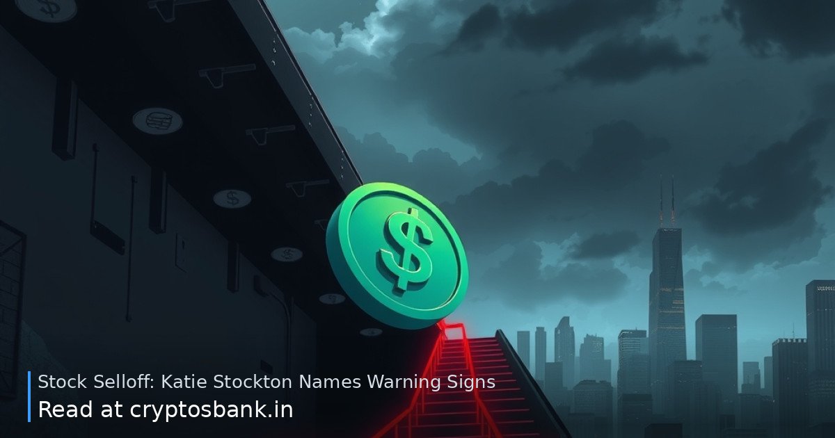 A dollar coin slides down a dark staircase against a stormy city skyline, illustrating a stock market selloff.