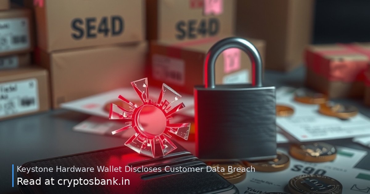 A hardware wallet beside a cracked padlock and red warning light, representing a website data breach.