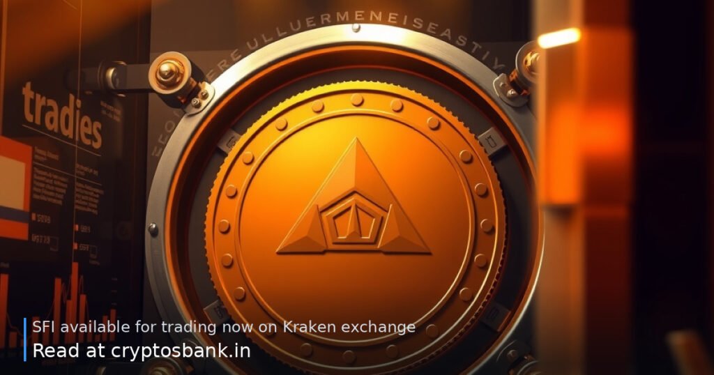 A saffron token coin inside a glass trading vault under warm golden light.